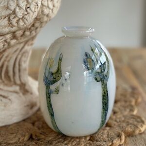 Hand-Blown White Iridescent Glass Vase Signed